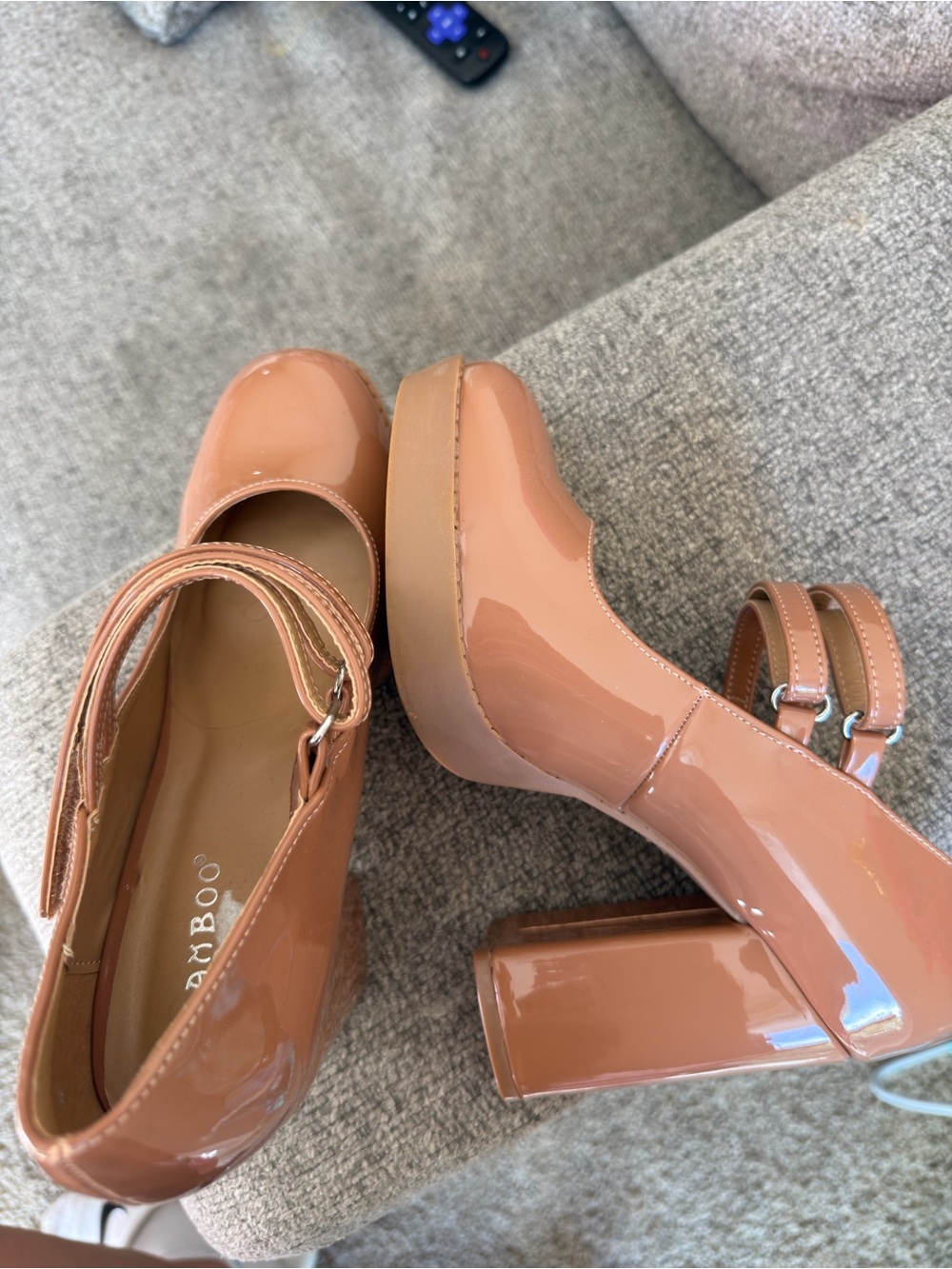 BAMBOO Patent Mary Jane Platform Heels in Tan